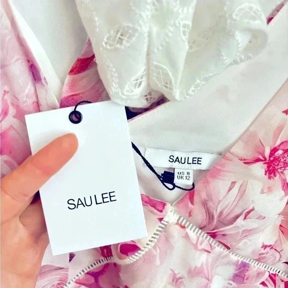 NWT SAU LEE Georgia Pink White Floral Chiffon Ruffle Midi Dress Gown Size 8 - Picture 7 of 10